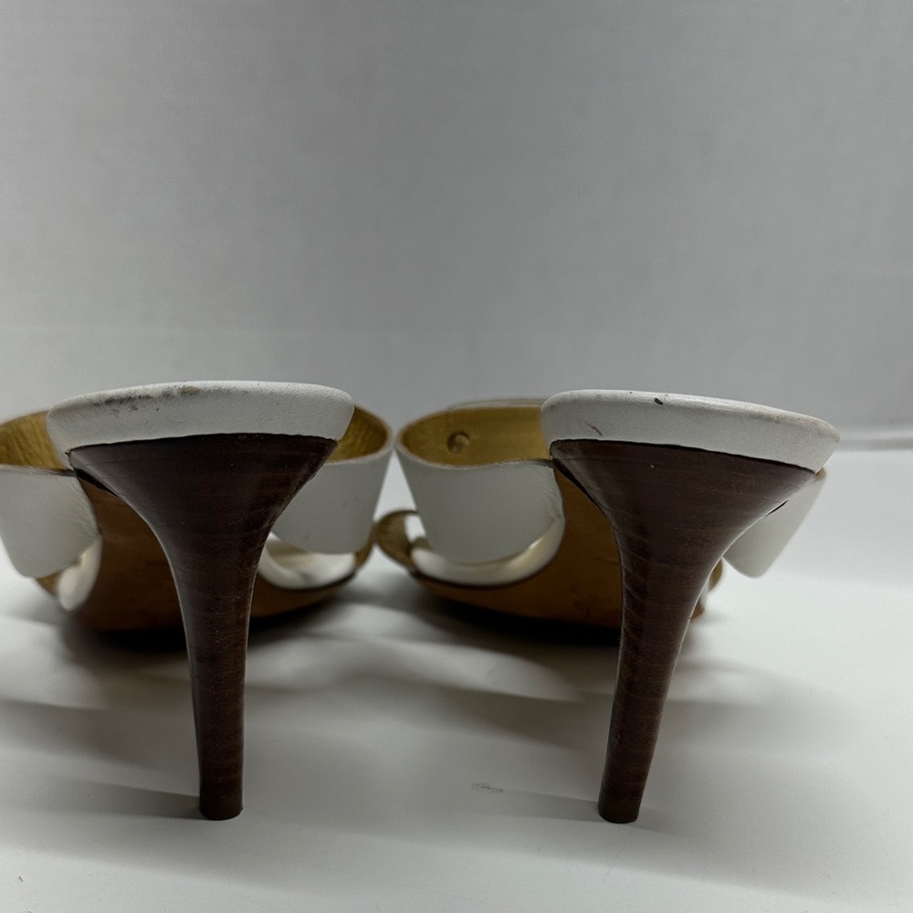 Celine Triomphe Heels High Heel Shoes Open Toe Leather White Gold Studs Size 37 - Picture 7 of 14